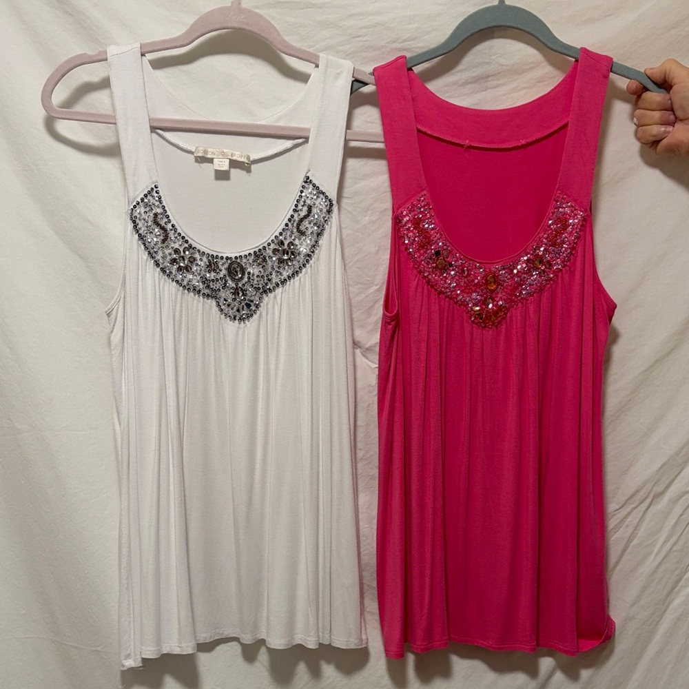 Boston Proper Embellished White and Pink Sleeveless Tops size Large Good cond